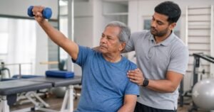 An older adult patient performing a supervised shoulder rehabilitation exercise with a light dumbbell alongside a physical therapist in a clinic.