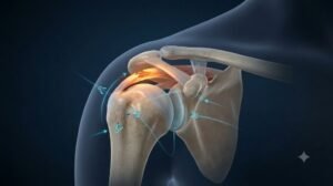 A 3D medical illustration showing a human shoulder joint with a rotator cuff tear and arthroscopic repair anchors placed in the bone.